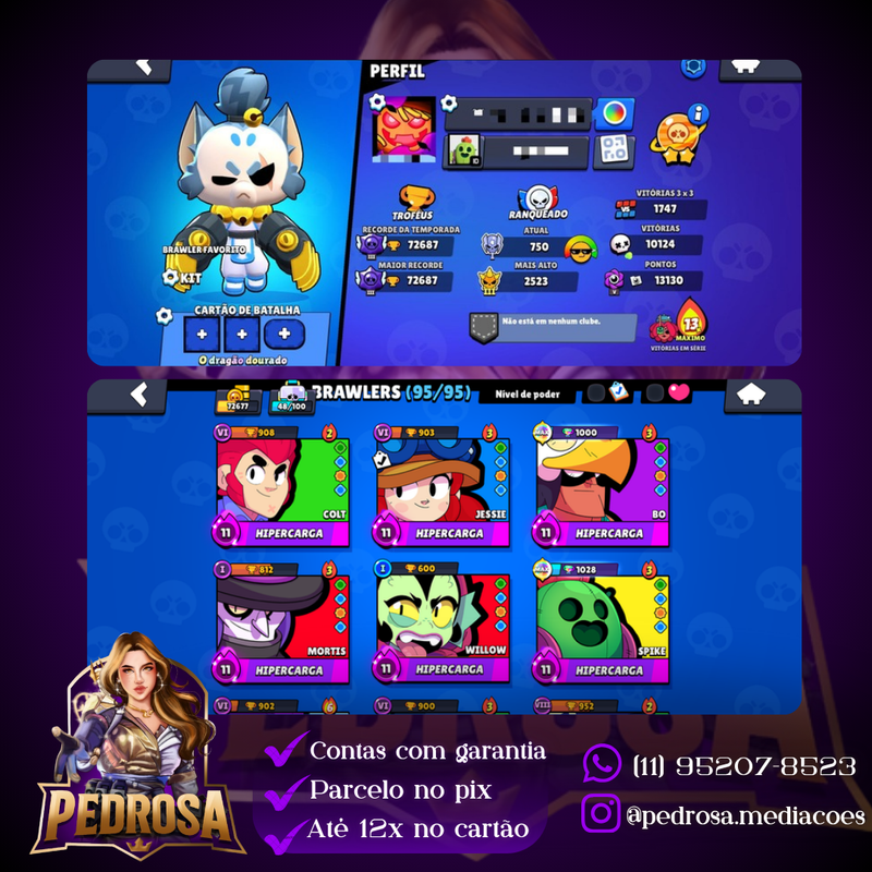 72k troféus | 27 brawlers lvl 11 | 6 Hipercarga | +220 skins