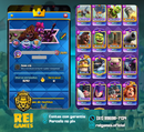 Clash Royale | nível 74 | coleção 2.091 | 8 anos | 48 cartas nível 16 | 27 cartas nível 15 | 13 heróis | 34 evoluções | +130 emotes | (