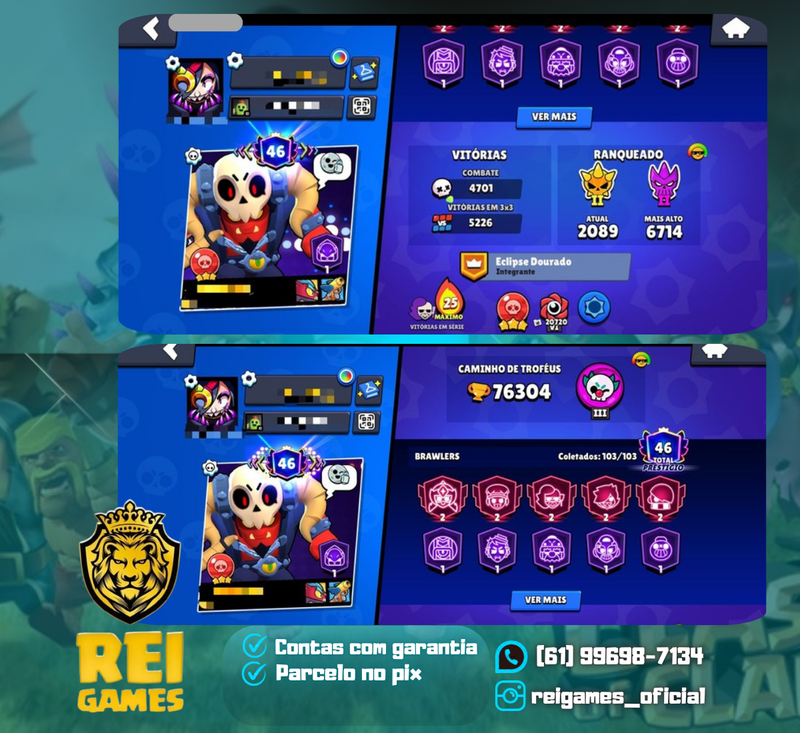 CONTA DE BRAWL STARS CRIADA EM 2021 | +76.000 TROFÉUS | 46 PRESTÍGIOS | 250+ SKINS | 41 LVL 11 | 30 HIPERCARGAS | (#7)