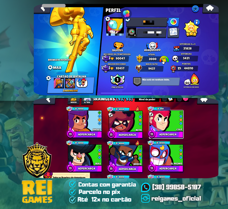 91k troféus | 74 Brawl Full (54 hipercargas) | 272 skins (01+18)