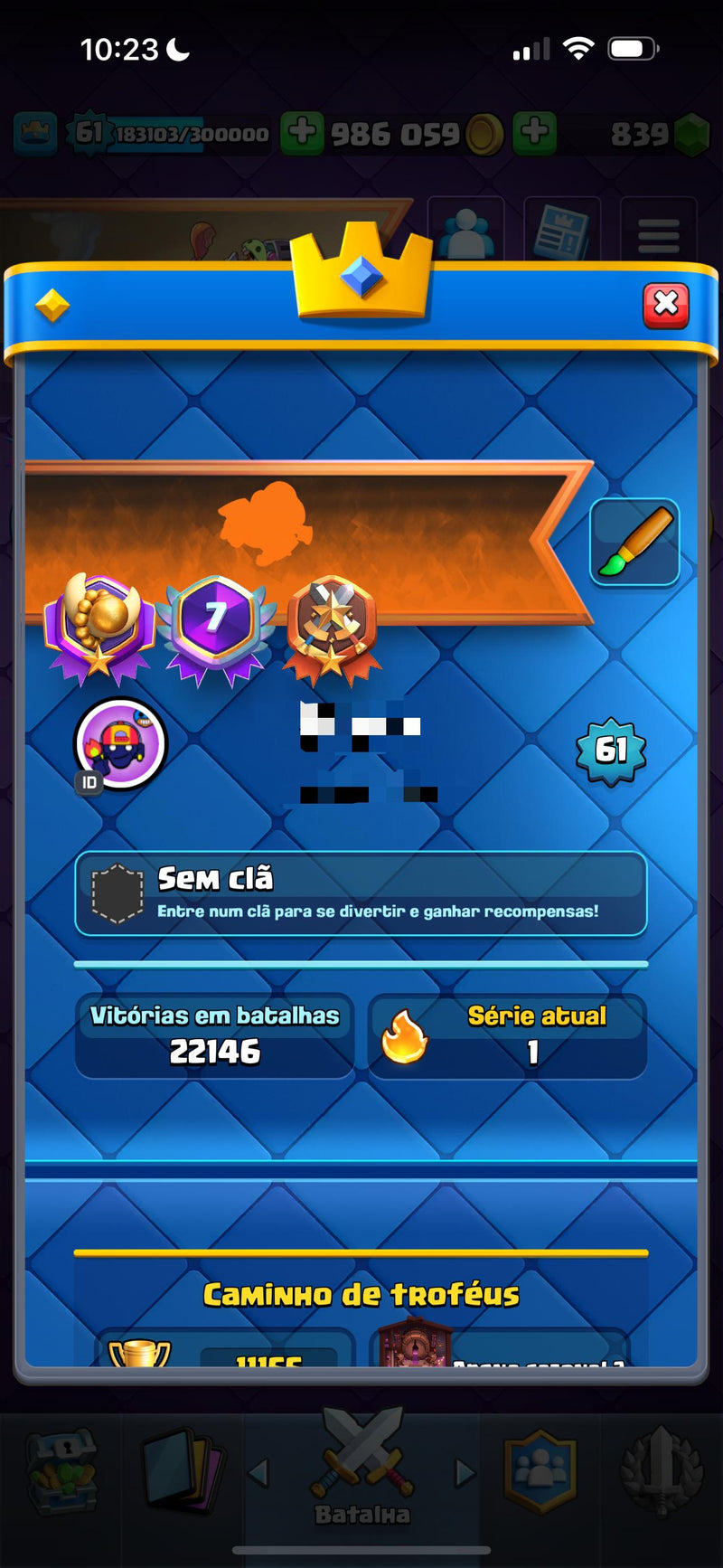 Nível 61 | 7 anos | 29 elites | 14 evolução | emote globin beijando troféu  (01+5)