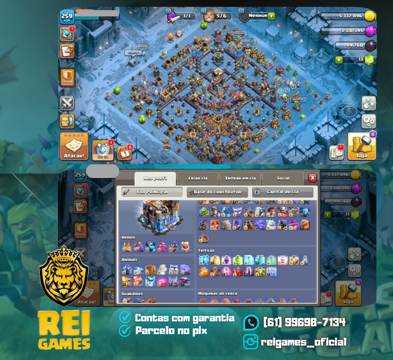 ✨ **Cv18 semi Full | nível 259 | 65skins (17 lendárias) | 11 paisagens (2 de guerra ) | 7k troféus Lendários** ✨