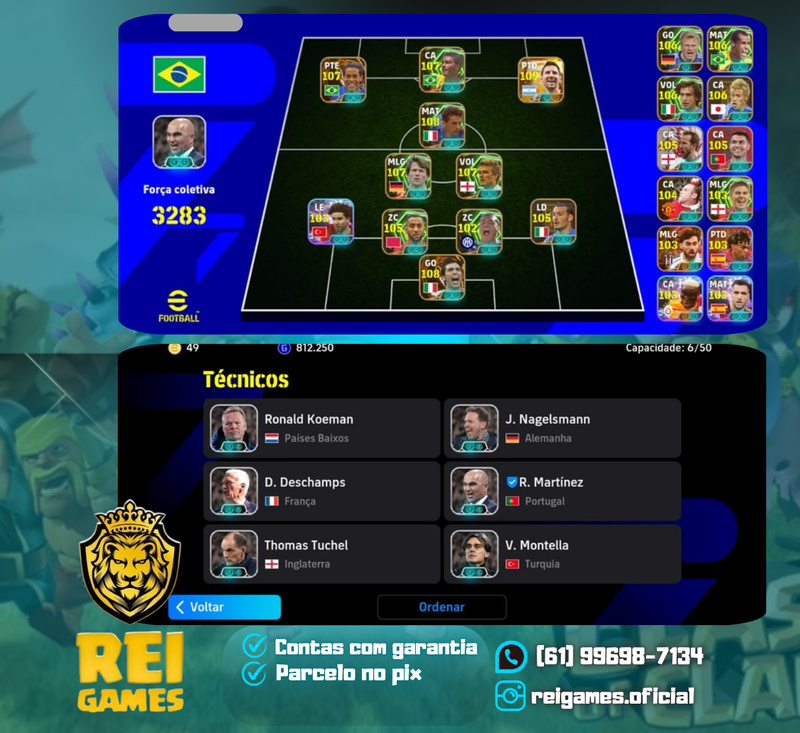 Efootball | força 3.283 | Messi (109) | Buffon (108) | Baggio (108) | Romário (107) | Ronaldinho (107) | Matthaus (107) | Beckham (107) | Oliver Kahn (106) | Rivaldo (106) | Pirlo (106) | zambrota (105) | CR7 (105) | Kane (105) | 6 técnicos | (#5)