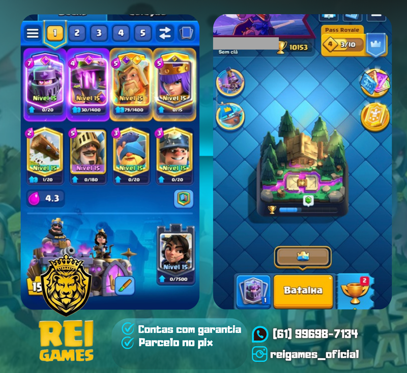 Clash Royale | nível 64 | 27 cartas nível 15 | 82 nível 14 | 15 evoluções | 114 emotes | 2.705 gemas | (#1)