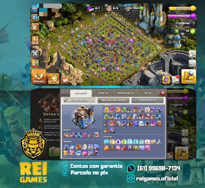 Clash of Clans | cv18 | nível 265 | 48 skins (13 lendárias) | 2 paisagens (1 lendária) | 89% Full | (#16)