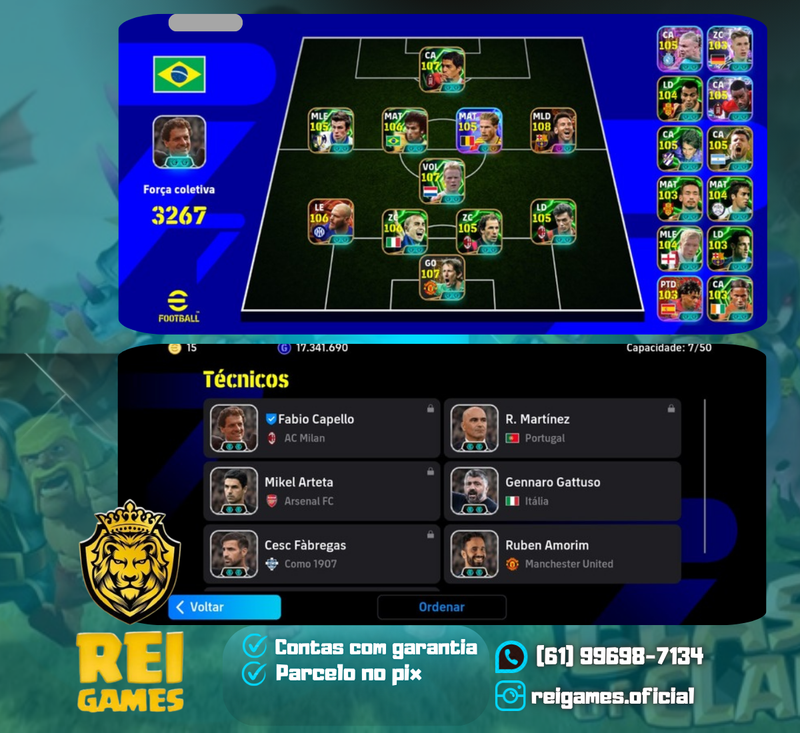 Efootball | força 3.267 | Messi (108) | Suárez (107) | van der sar (107) | Koeman (107) | Dimarco (106) | Zico (106) | Cannavaro (105) | De Bruyne (105) | Baresi (105) | Maldini (105) | Gareth Bale (105) | 7 técnicos | (#6)