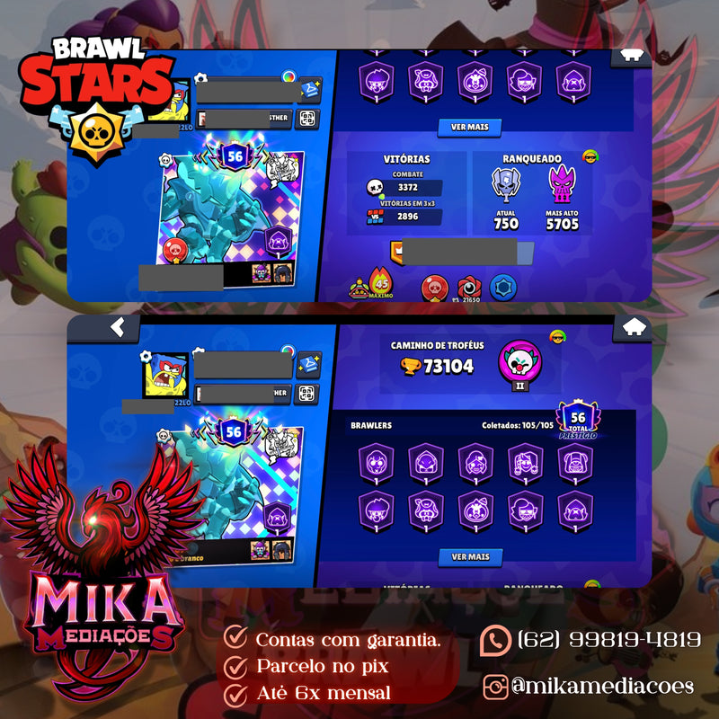 Brawl Stars | 73k Troféus | 52 Brawlers 11 | 45 Hypercargas | 56 Prestígios | 310 Skins | (+034)