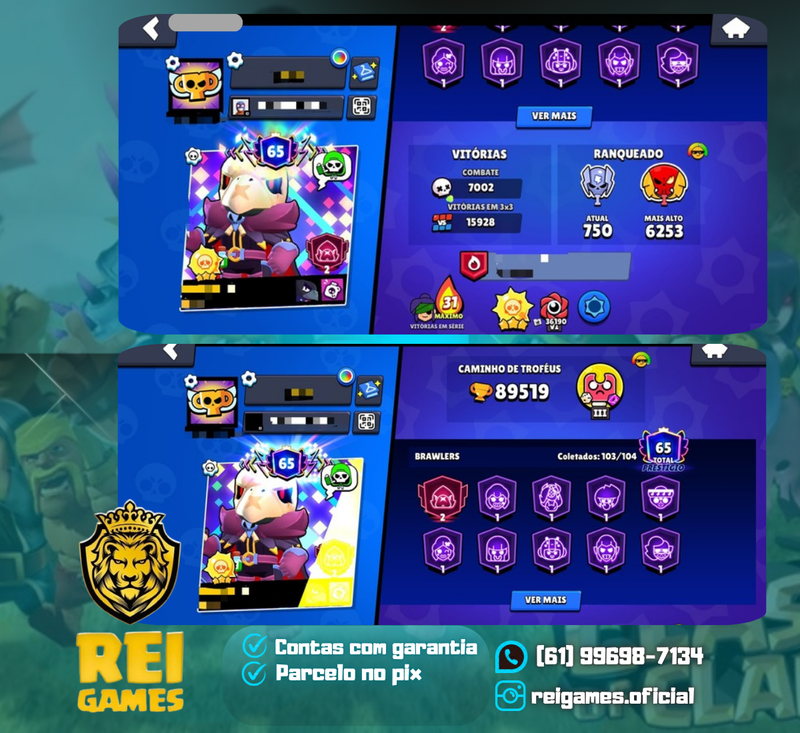 Brawl Stars | 89.000 troféus | criada em 2019 | 93 Brasil nível 11 e 84 com hipercargas | 65 prestígio | 410 skins | (#4)