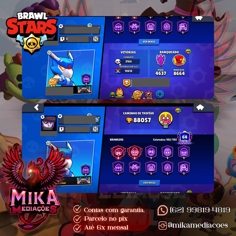 Brawl Stars | 88k Troféus | 50 brawlers 11 | 46 Hypercargas | 64 Prestígios | 353 Skins | (+036)