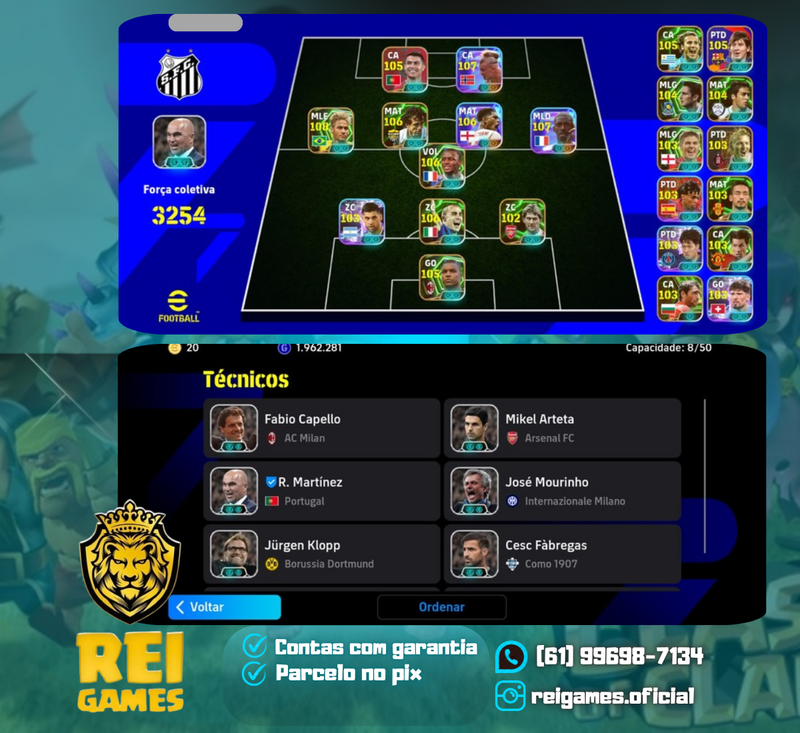 Efootball força 3.254 | Neymar (108) | Haaland (107) | Dembélé (107) | bellinghan (106) | Platini (106) | Vieira (106) | Cannavaro (106) | CR7 (105) | Dida (105) | Messi (105) | Forlán (105) | lampard (104) | Raúl (104) | (8 técnicos) | (#4)
