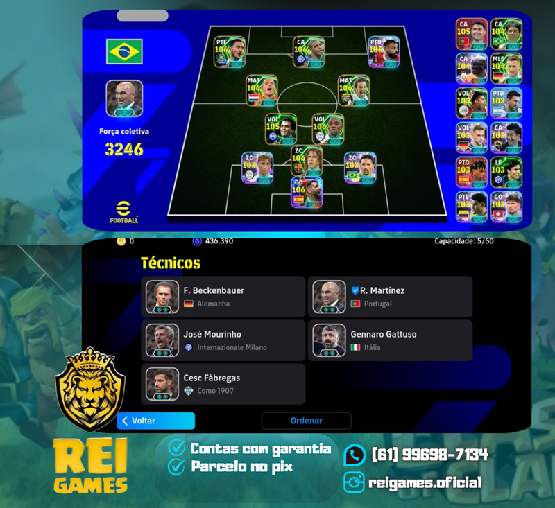 Efootball | força 3.246 | Hazard (106) | Adriano (106) | Sneijder (106) | Del Piero (106) | Makélélé (106) | Puyol (106) | Unai Simón (106) | Salah (105) | CR7 (105) | mathaus (105) | Bebeto (104) | (5 técnicos) | (#1)