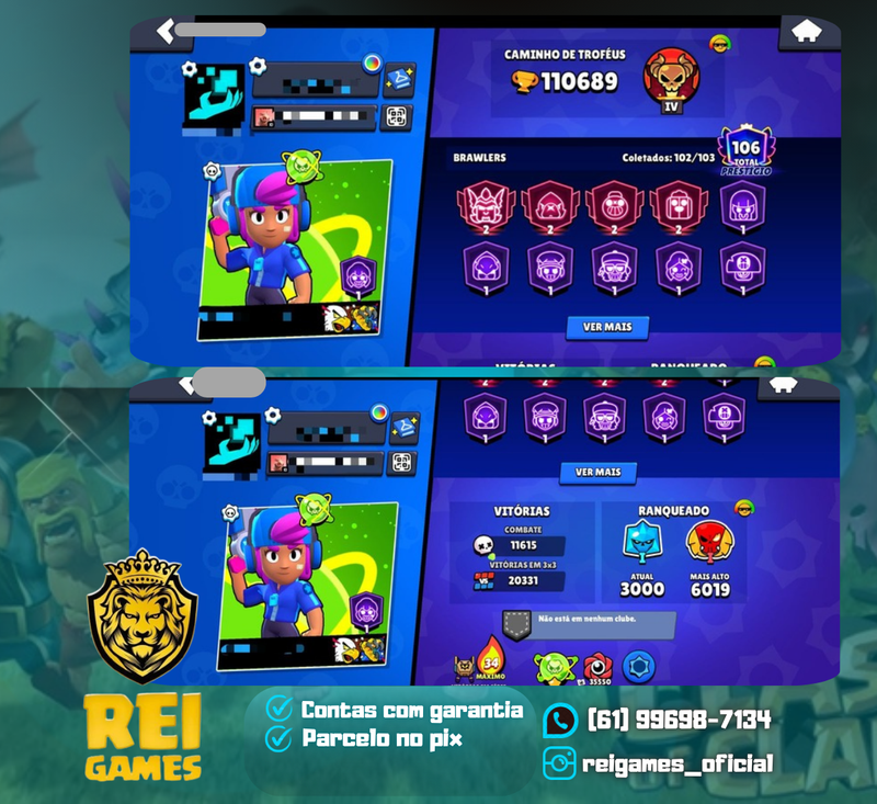 Conta Brawl Stars Full | 110k troféus | +470 skins | 102 Brawl e todos com hipercargas | 106 prestígios | criada em 2018 | fama alienígena | troca Nick 60 gemas | (#1)