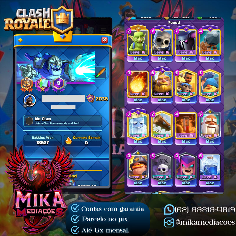 Clash Royale | Nível 80/2036 | 28 Evoluções | 7 Heróis | 30 cartas 16 | 53 cartas 15 | 150 Emotes | (+024)