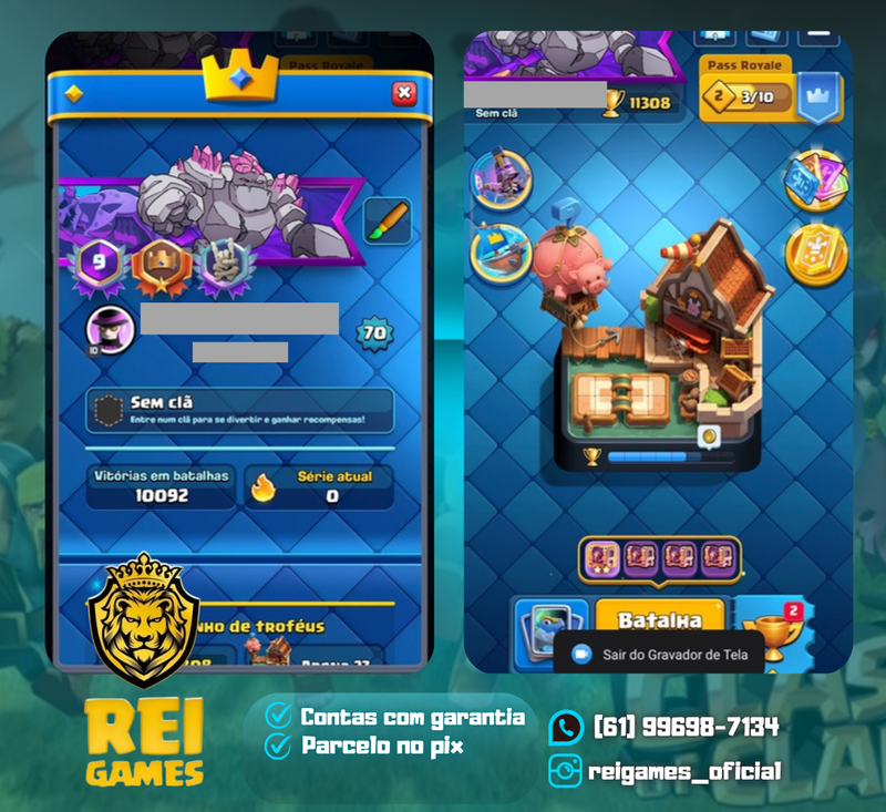 Clash Royale | nível 70 | 11 cartas nível 16 | 16 nível 15 | 42 nível 14 | 18 evoluções | 186 emotes | (#13)